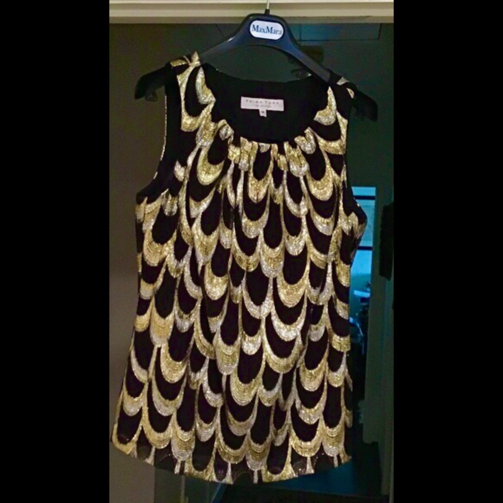 Trina Turk Black Gold Silver Silk Top Sz M As New
